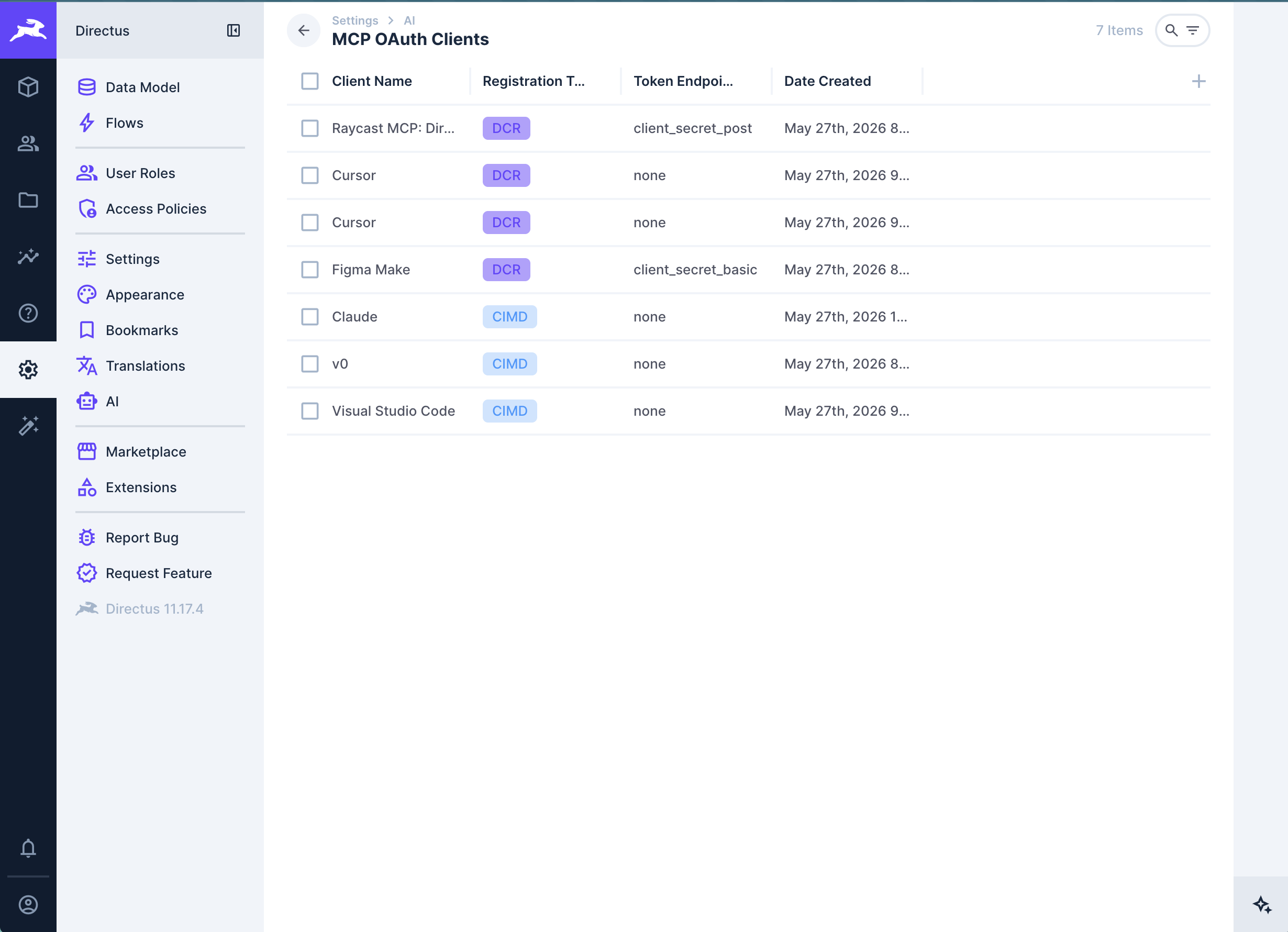 MCP OAuth registered clients list in Directus